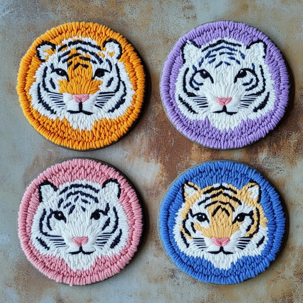 4 Set DIY Punch Needle Coaster Kits Cute Baby White Tiger Easy for Beginners with Adhesive Felt Hoop Punch Needle Embroidery Starter Set with Pattern for Drink Cups Mat Home Decor-1