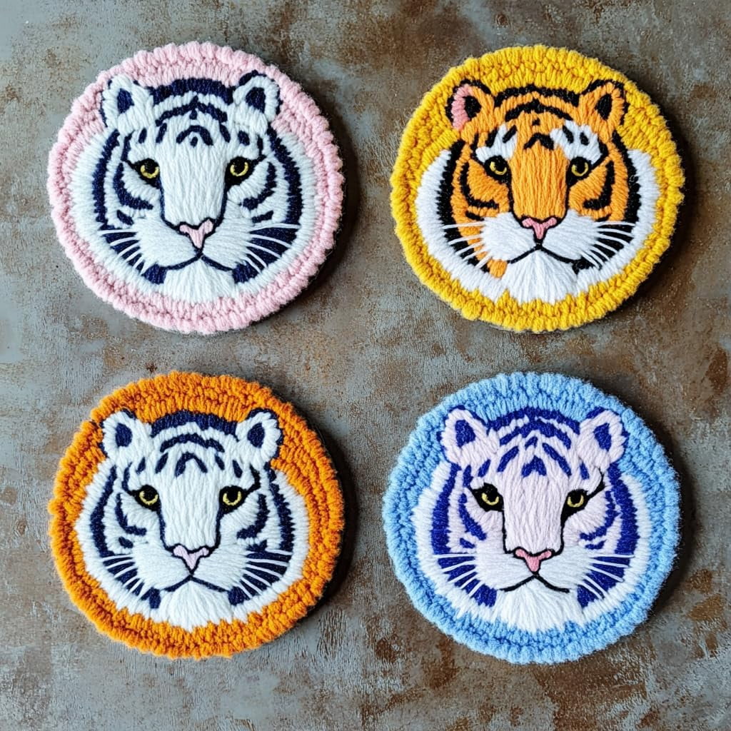 4 Set DIY Punch Needle Coaster Kits Cute Baby White Tiger Easy for Beginners with Adhesive Felt Hoop Punch Needle Embroidery Starter Set with Pattern for Drink Cups Mat Home Decor-3