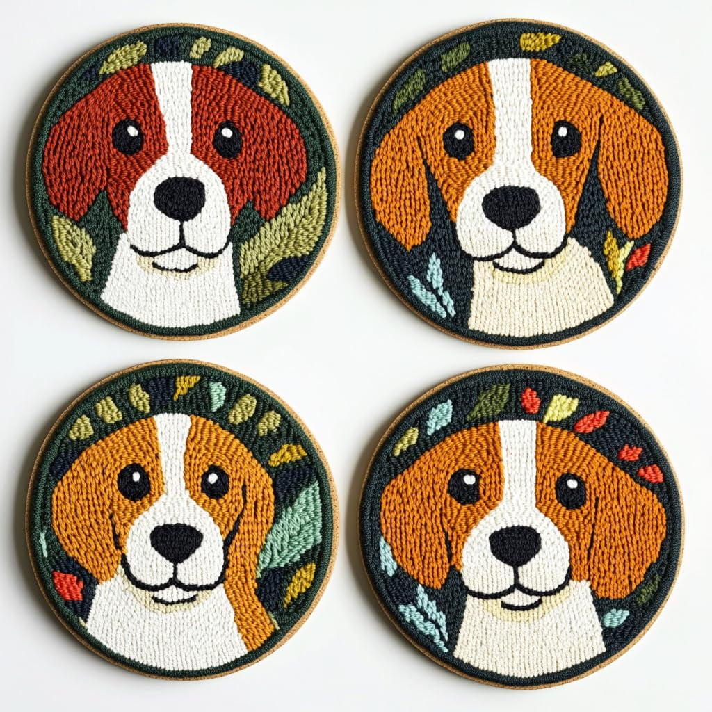 4 Set DIY Punch Needle Coaster Kits Cute Beagle Dog Easy for Beginners with Adhesive Felt Hoop Punch Needle Embroidery Starter Set with Pattern for Drink Cups Mat Home Decor-7