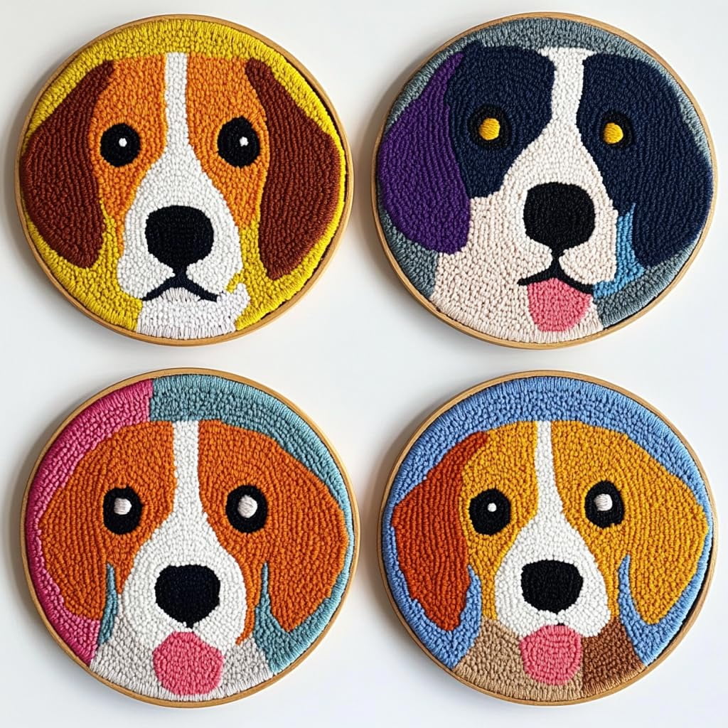 4 Set DIY Punch Needle Coaster Kits Cute Beagle Dog Easy for Beginners with Adhesive Felt Hoop Punch Needle Embroidery Starter Set with Pattern for Drink Cups Mat Home Decor-8