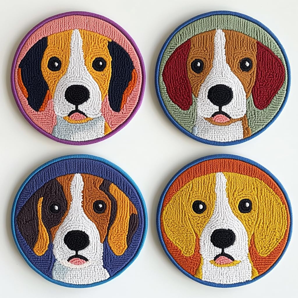 4 Set DIY Punch Needle Coaster Kits Cute Beagle Dog Easy for Beginners with Adhesive Felt Hoop Punch Needle Embroidery Starter Set with Pattern for Drink Cups Mat Home Decor-2