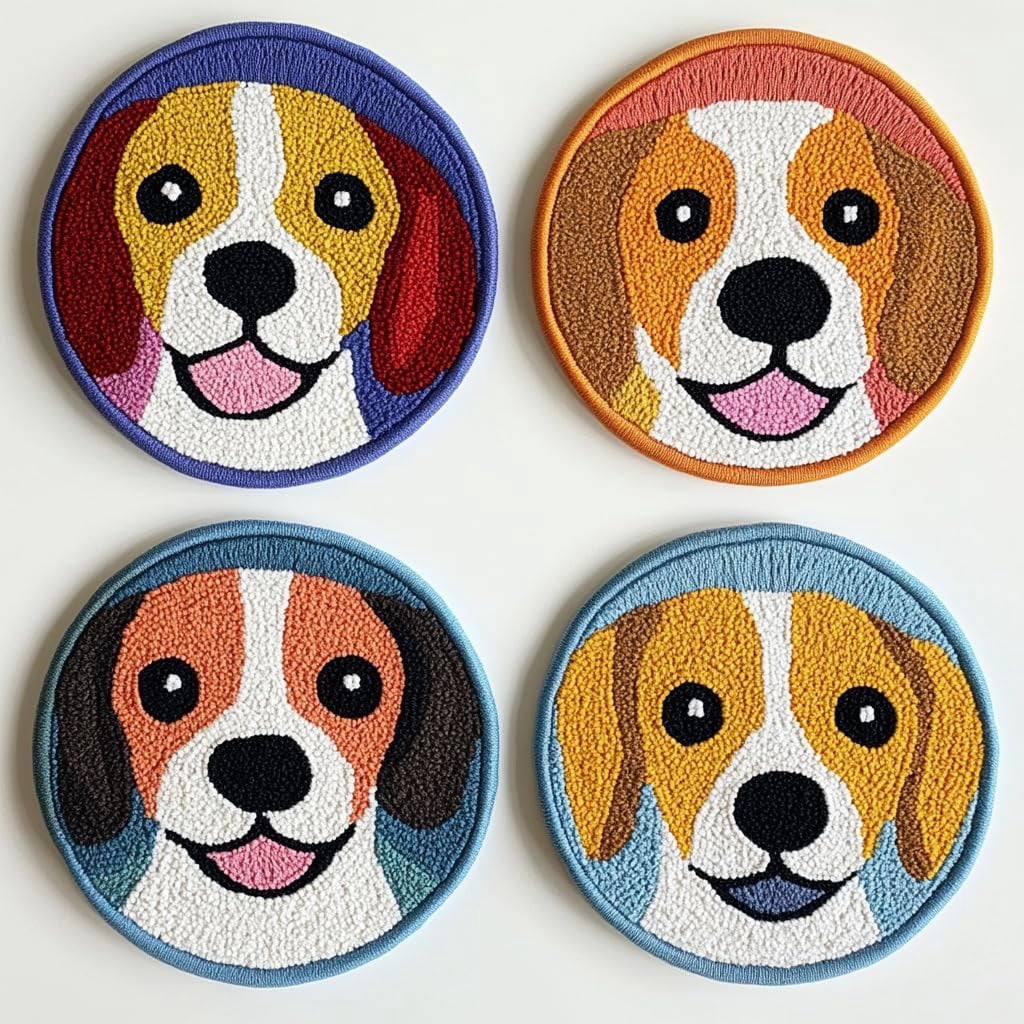 4 Set DIY Punch Needle Coaster Kits Cute Beagle Dog Easy for Beginners with Adhesive Felt Hoop Punch Needle Embroidery Starter Set with Pattern for Drink Cups Mat Home Decor-1