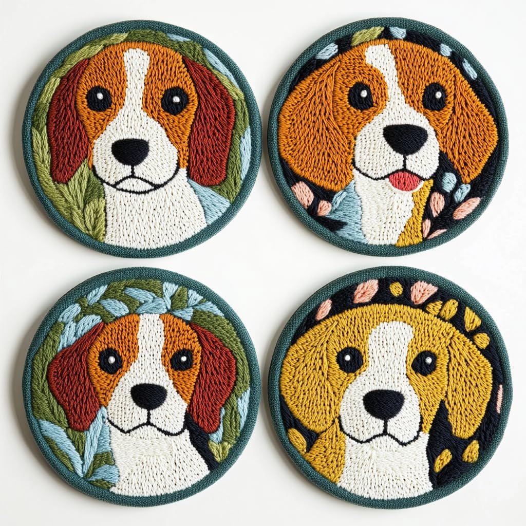 4 Set DIY Punch Needle Coaster Kits Cute Beagle Dog Easy for Beginners with Adhesive Felt Hoop Punch Needle Embroidery Starter Set with Pattern for Drink Cups Mat Home Decor-9