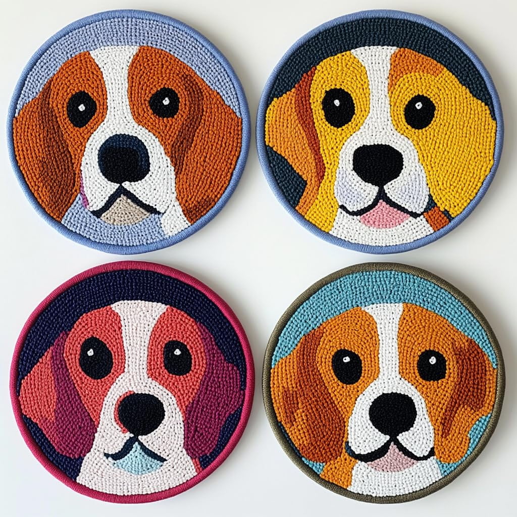 4 Set DIY Punch Needle Coaster Kits Cute Beagle Dog Easy for Beginners with Adhesive Felt Hoop Punch Needle Embroidery Starter Set with Pattern for Drink Cups Mat Home Decor-6