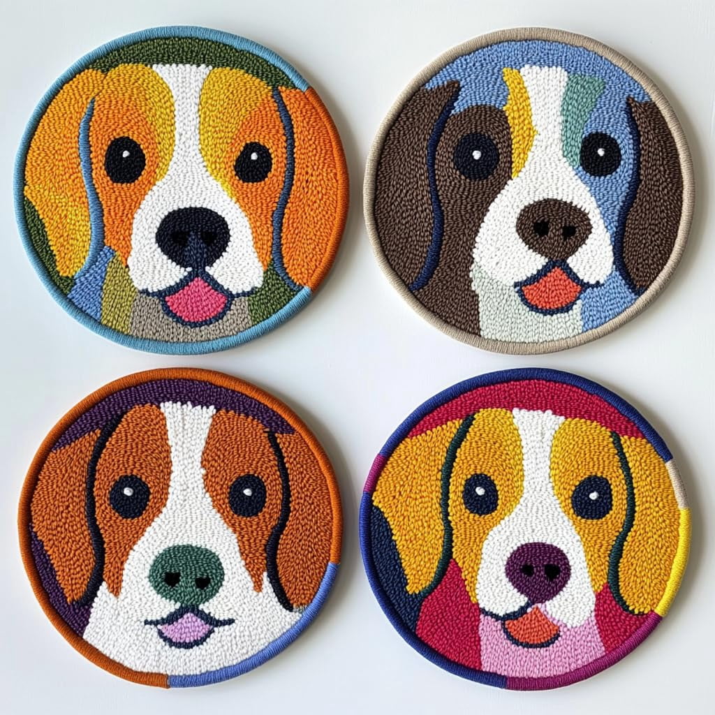 4 Set DIY Punch Needle Coaster Kits Cute Beagle Dog Easy for Beginners with Adhesive Felt Hoop Punch Needle Embroidery Starter Set with Pattern for Drink Cups Mat Home Decor-3