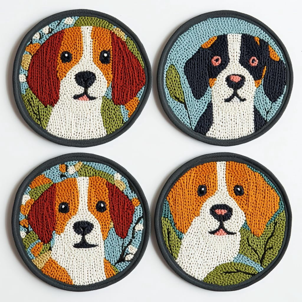 4 Set DIY Punch Needle Coaster Kits Cute Beagle Dog Easy for Beginners with Adhesive Felt Hoop Punch Needle Embroidery Starter Set with Pattern for Drink Cups Mat Home Decor-4
