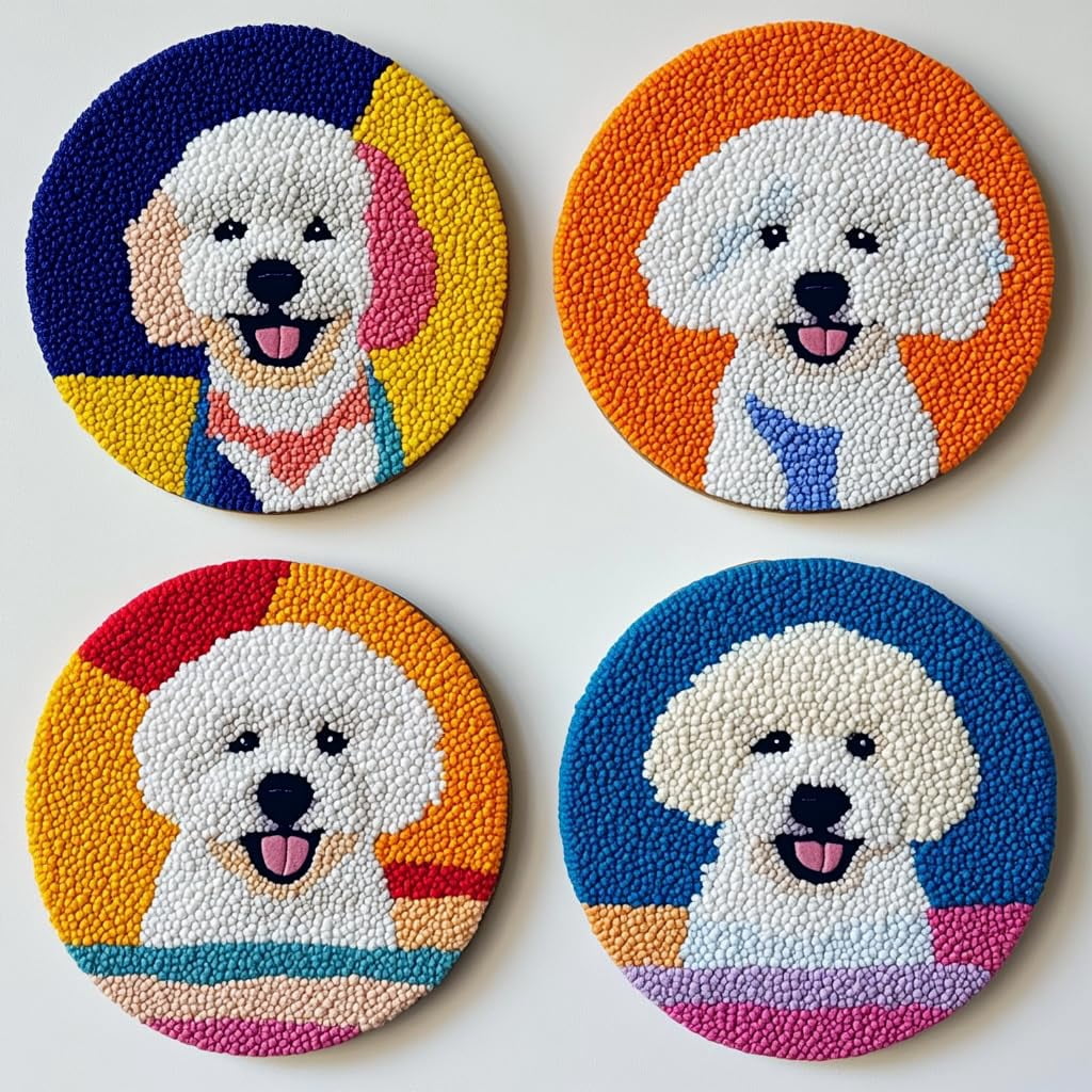 4 Set DIY Punch Needle Coaster Kits Cute Bichon Shoe Easy for Beginners with Adhesive Felt Hoop Punch Needle Embroidery Starter Set with Pattern for Drink Cups Mat Home Decor-2