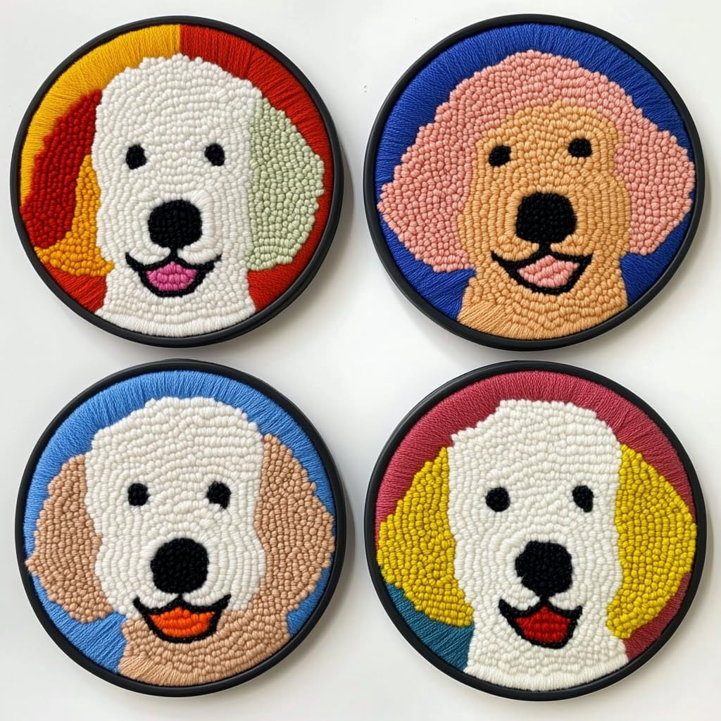 4 Set DIY Punch Needle Coaster Kits Cute Bichon Shoe Easy for Beginners with Adhesive Felt Hoop Punch Needle Embroidery Starter Set with Pattern for Drink Cups Mat Home Decor-6