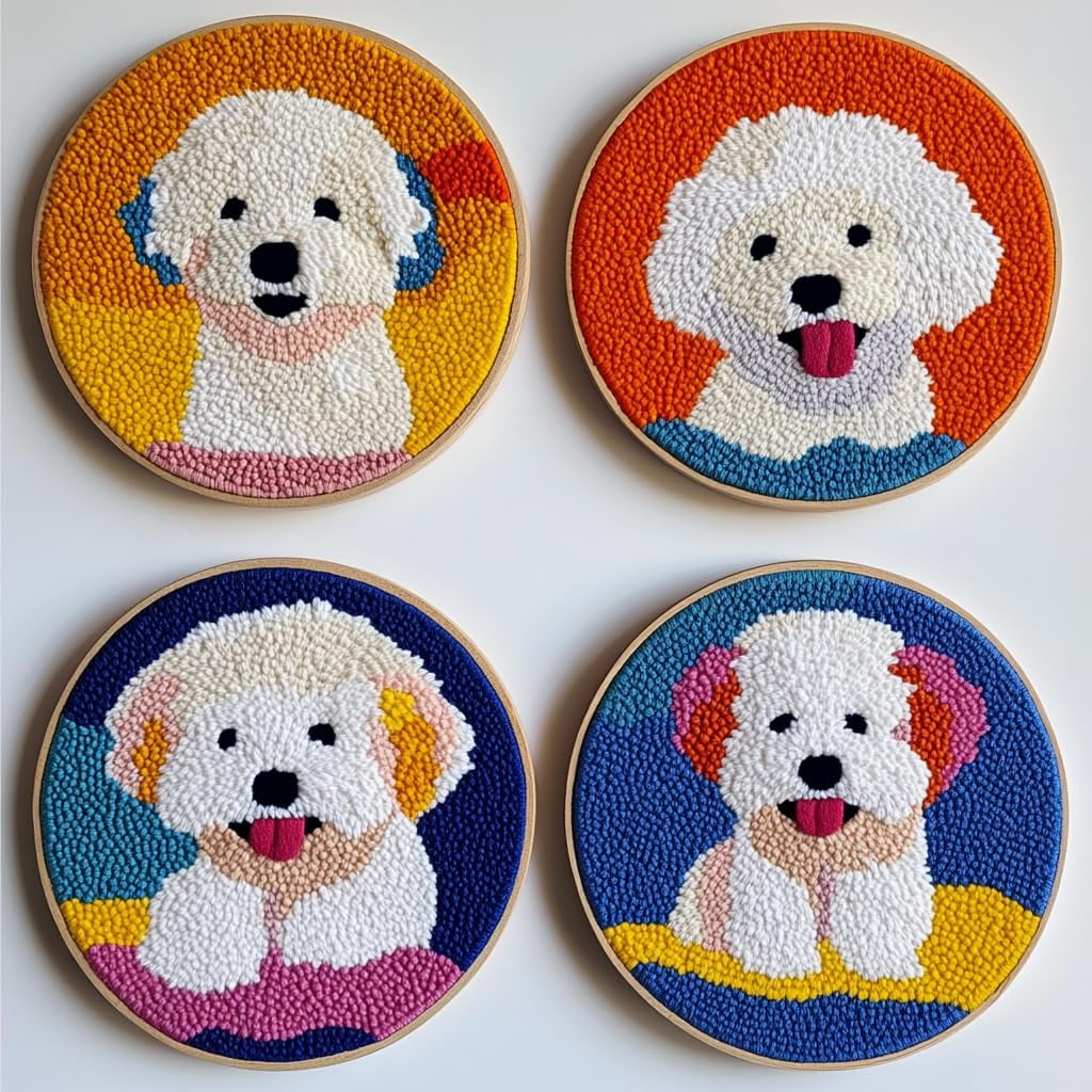 4 Set DIY Punch Needle Coaster Kits Cute Bichon Shoe Easy for Beginners with Adhesive Felt Hoop Punch Needle Embroidery Starter Set with Pattern for Drink Cups Mat Home Decor-1