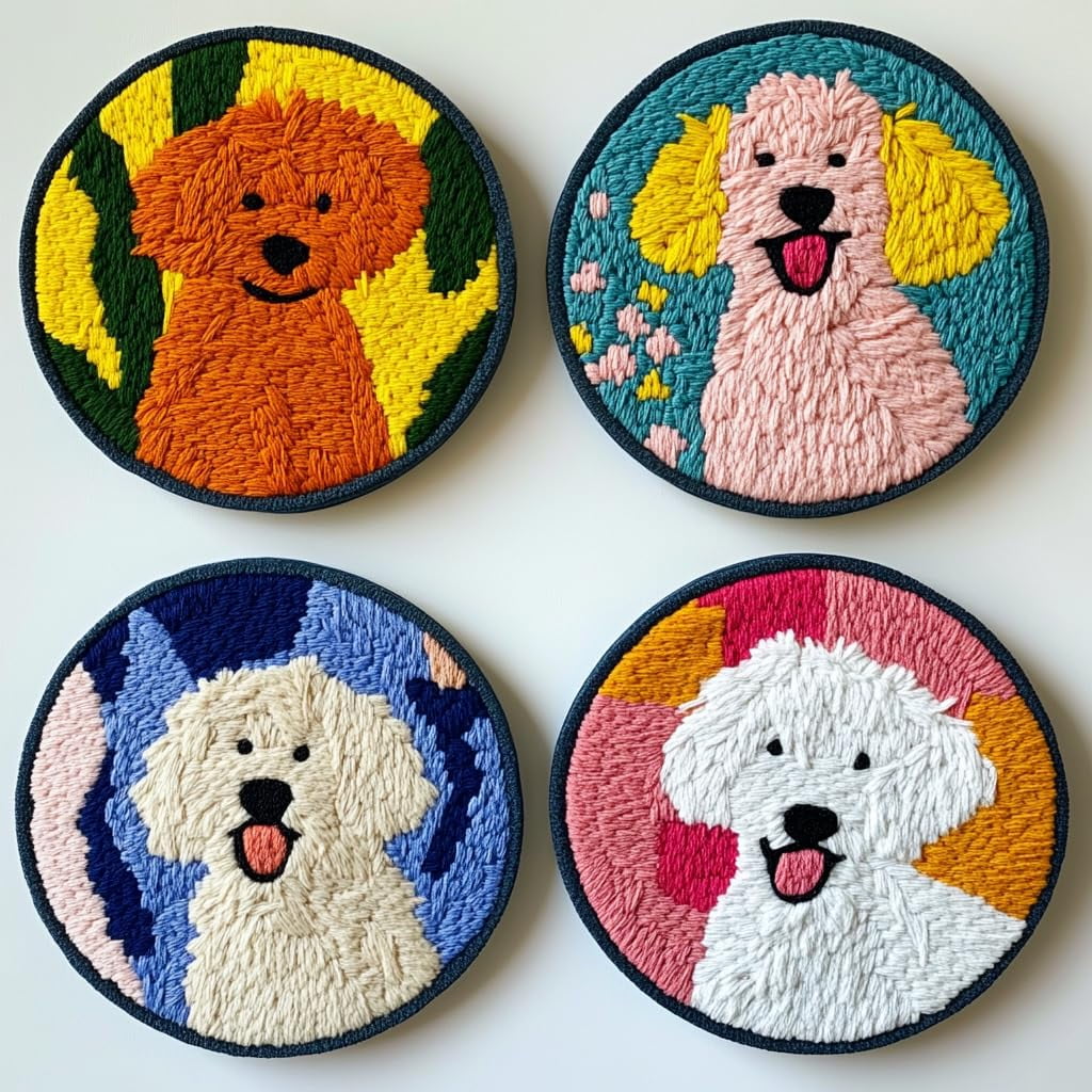 4 Set DIY Punch Needle Coaster Kits Cute Bichon Shoe Easy for Beginners with Adhesive Felt Hoop Punch Needle Embroidery Starter Set with Pattern for Drink Cups Mat Home Decor-4