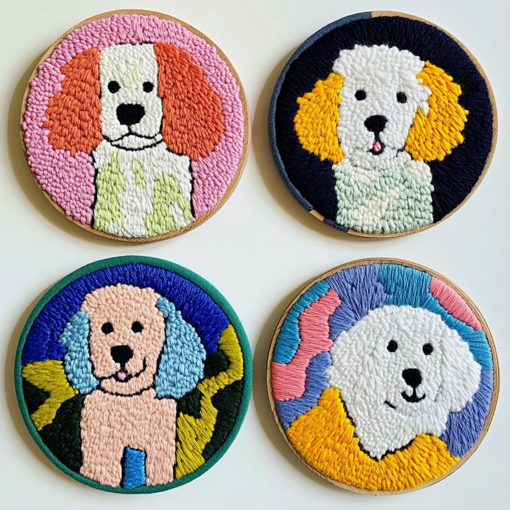 4 Set DIY Punch Needle Coaster Kits Cute Bichon Shoe Easy for Beginners with Adhesive Felt Hoop Punch Needle Embroidery Starter Set with Pattern for Drink Cups Mat Home Decor-8
