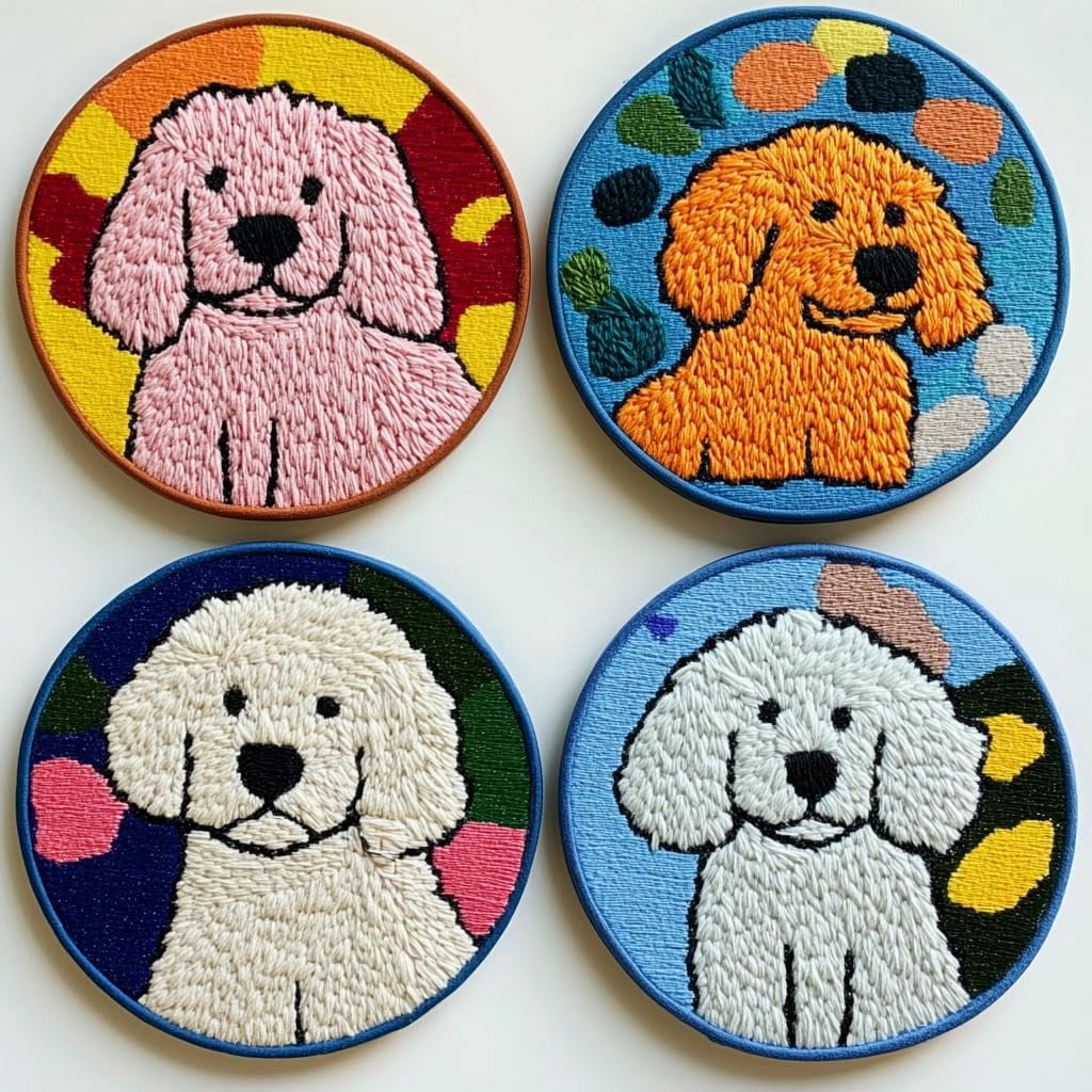 4 Set DIY Punch Needle Coaster Kits Cute Bichon Shoe Easy for Beginners with Adhesive Felt Hoop Punch Needle Embroidery Starter Set with Pattern for Drink Cups Mat Home Decor-11