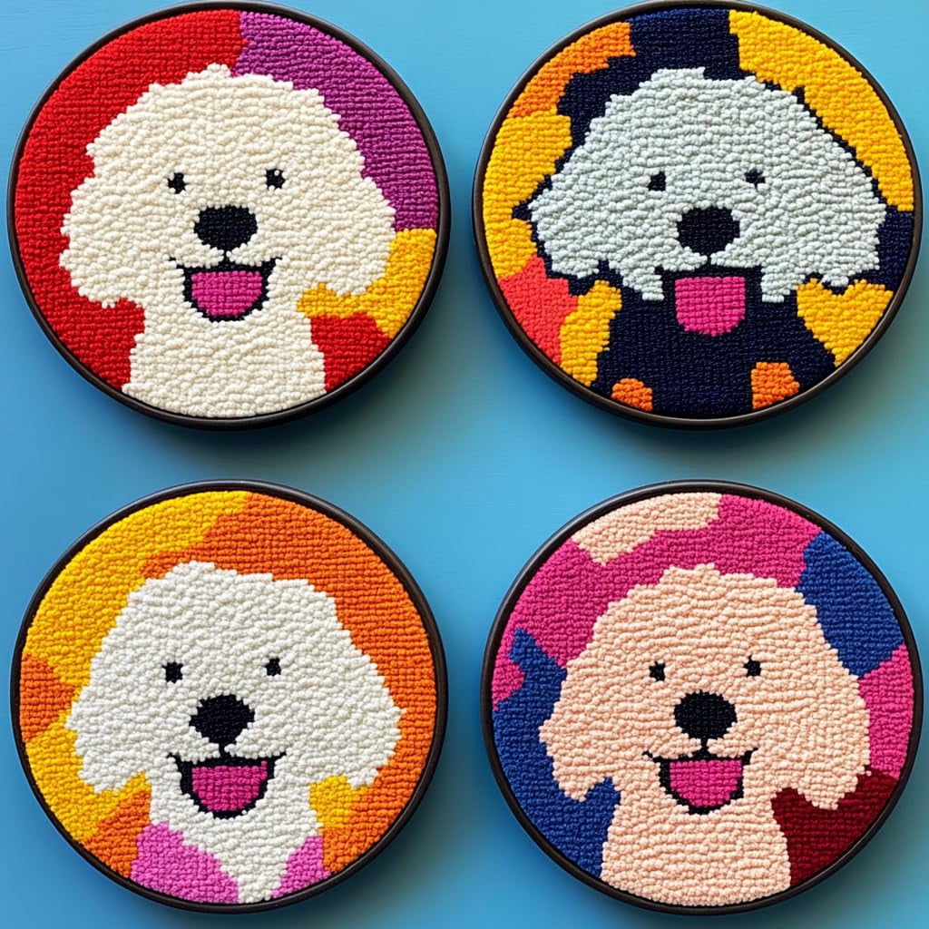 4 Set DIY Punch Needle Coaster Kits Cute Bichon Shoe Easy for Beginners with Adhesive Felt Hoop Punch Needle Embroidery Starter Set with Pattern for Drink Cups Mat Home Decor-7