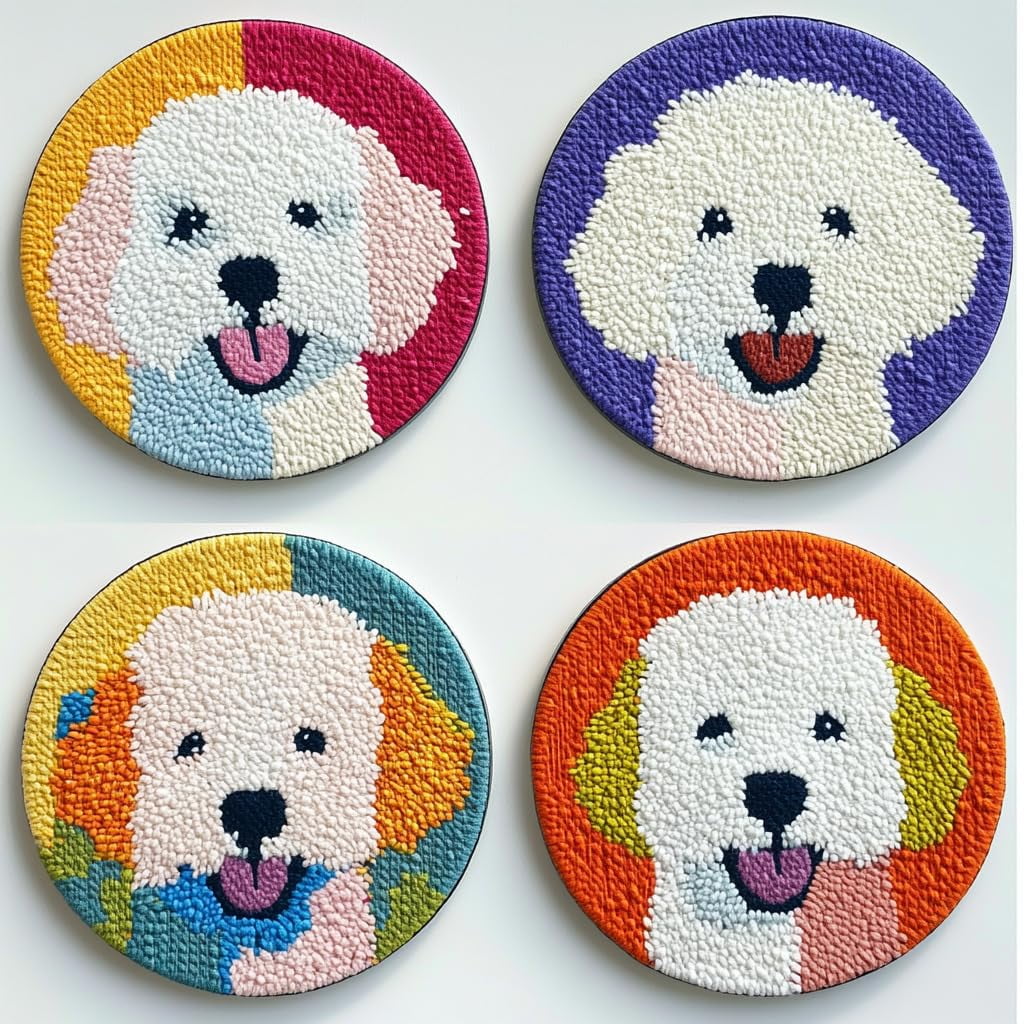 4 Set DIY Punch Needle Coaster Kits Cute Bichon Shoe Easy for Beginners with Adhesive Felt Hoop Punch Needle Embroidery Starter Set with Pattern for Drink Cups Mat Home Decor-9