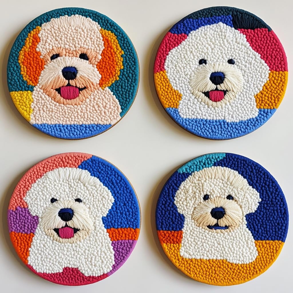 4 Set DIY Punch Needle Coaster Kits Cute Bichon Shoe Easy for Beginners with Adhesive Felt Hoop Punch Needle Embroidery Starter Set with Pattern for Drink Cups Mat Home Decor-3