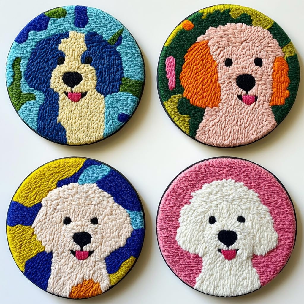 4 Set DIY Punch Needle Coaster Kits Cute Bichon Shoe Easy for Beginners with Adhesive Felt Hoop Punch Needle Embroidery Starter Set with Pattern for Drink Cups Mat Home Decor-5