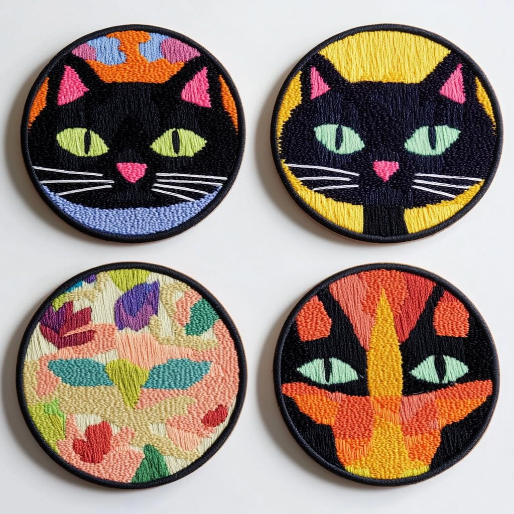 4 Set DIY Punch Needle Coaster Kits Cute Black Cat Easy for Beginners with Adhesive Felt Hoop Punch Needle Embroidery Starter Set with Pattern for Drink Cups Mat Home Decor