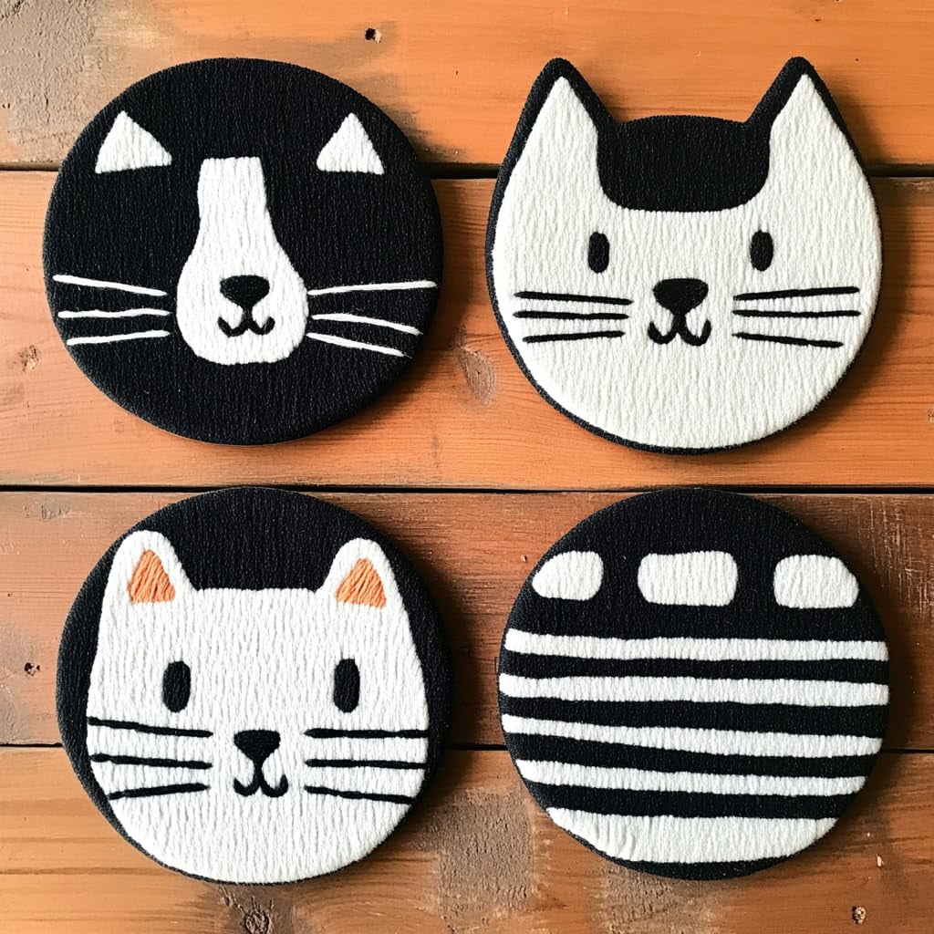 4 Set DIY Punch Needle Coaster Kits Cute Black Cat Easy for Beginners with Adhesive Felt Hoop Punch Needle Embroidery Starter Set with Pattern for Drink Cups Mat Home Decor-1