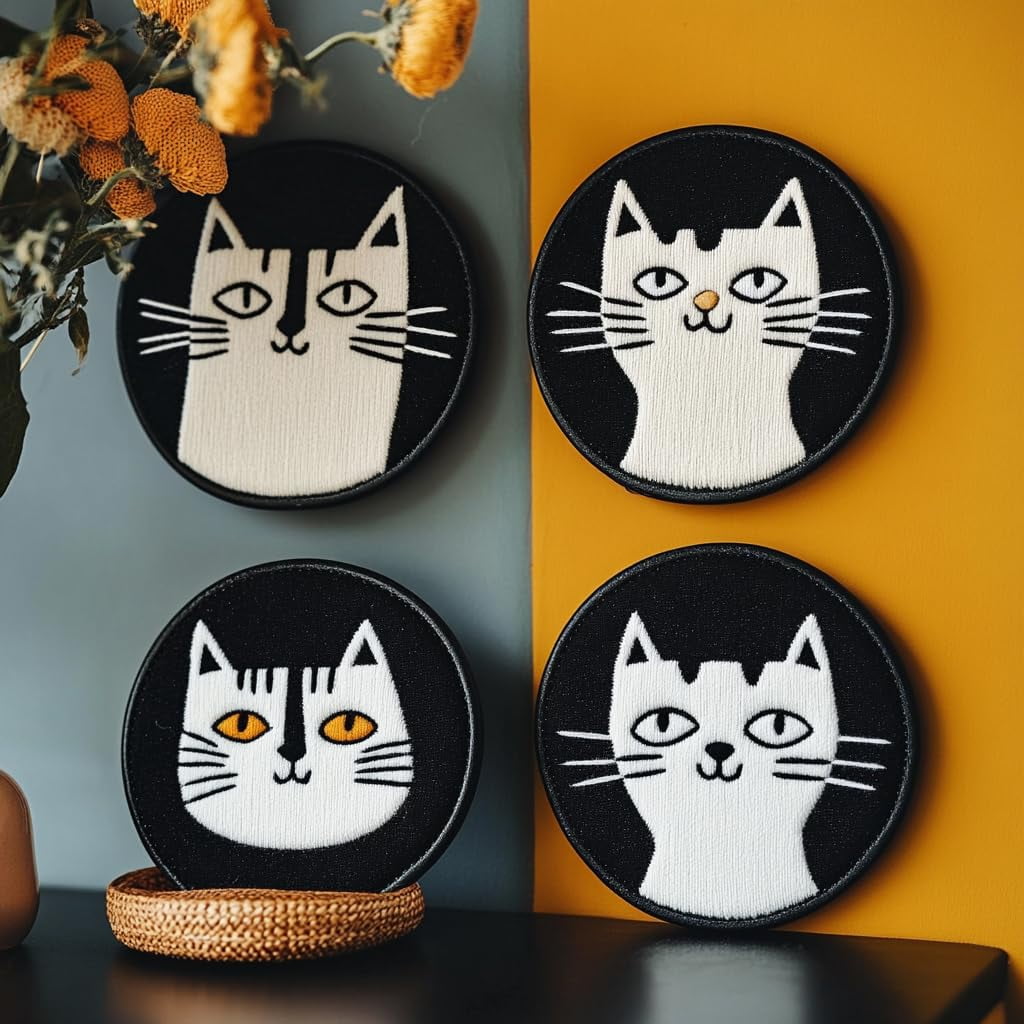 4 Set DIY Punch Needle Coaster Kits Cute Black Cat Easy for Beginners with Adhesive Felt Hoop Punch Needle Embroidery Starter Set with Pattern for Drink Cups Mat Home Decor