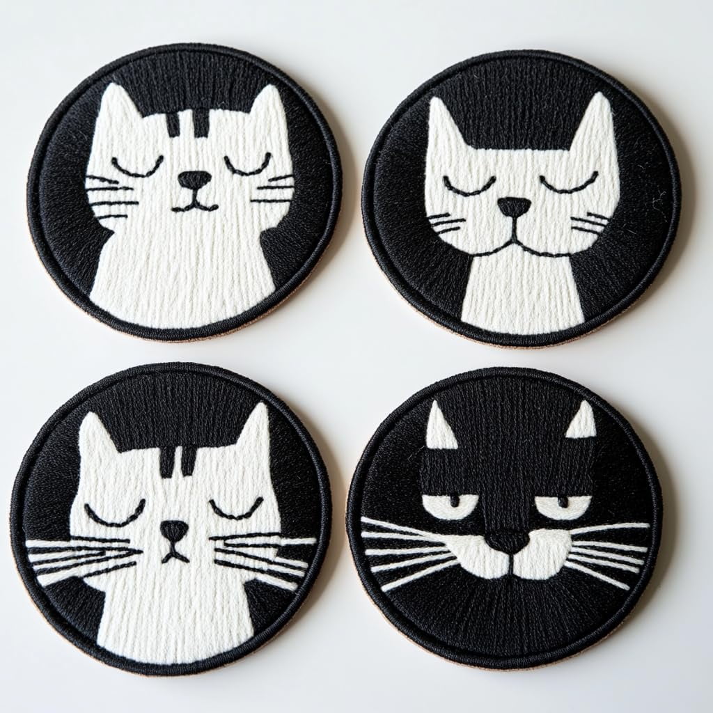 4 Set DIY Punch Needle Coaster Kits Cute Black Cat Easy for Beginners with Adhesive Felt Hoop Punch Needle Embroidery Starter Set with Pattern for Drink Cups Mat Home Decor-2