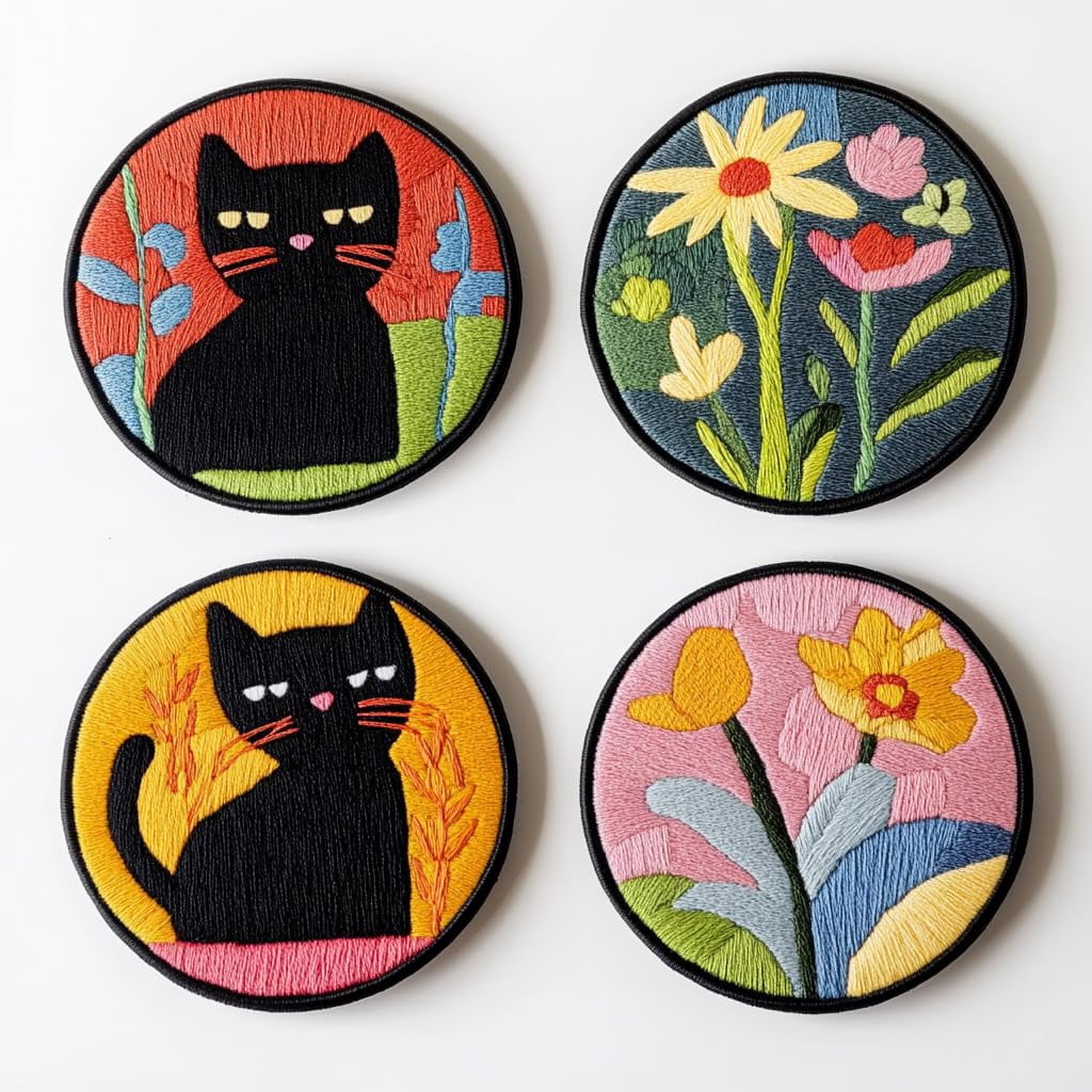 4 Set DIY Punch Needle Coaster Kits Cute Black Cat and Flower Easy for Beginners with Adhesive Felt Hoop Punch Needle Embroidery Starter Set with Pattern for Drink Cups Mat Home Decor-2