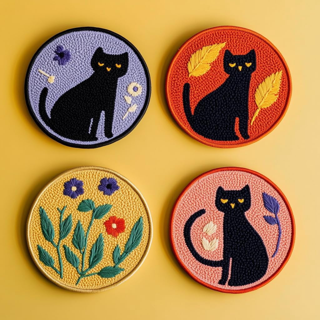 4 Set DIY Punch Needle Coaster Kits Cute Black Cat and Flower Easy for Beginners with Adhesive Felt Hoop Punch Needle Embroidery Starter Set with Pattern for Drink Cups Mat Home Decor-1