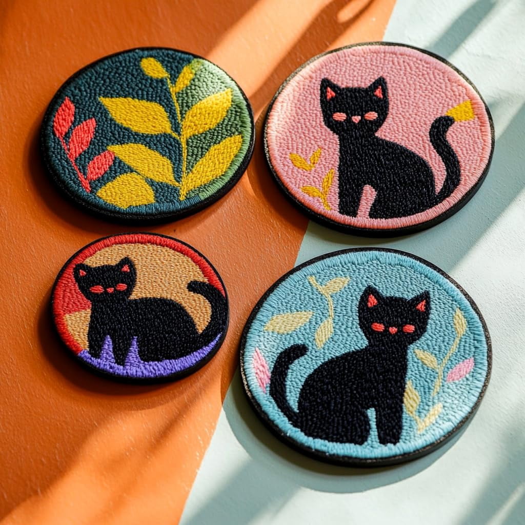 4 Set DIY Punch Needle Coaster Kits Cute Black Cat and Flower Easy for Beginners with Adhesive Felt Hoop Punch Needle Embroidery Starter Set with Pattern for Drink Cups Mat Home Decor-3