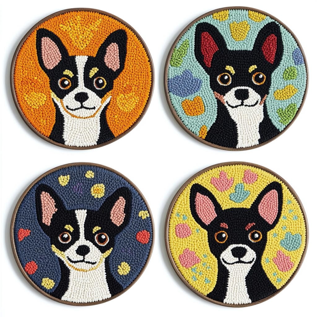 4 Set DIY Punch Needle Coaster Kits Cute Black Chihuahua Easy for Beginners with Adhesive Felt Hoop Punch Needle Embroidery Starter Set with Pattern for Drink Cups Mat Home Decor