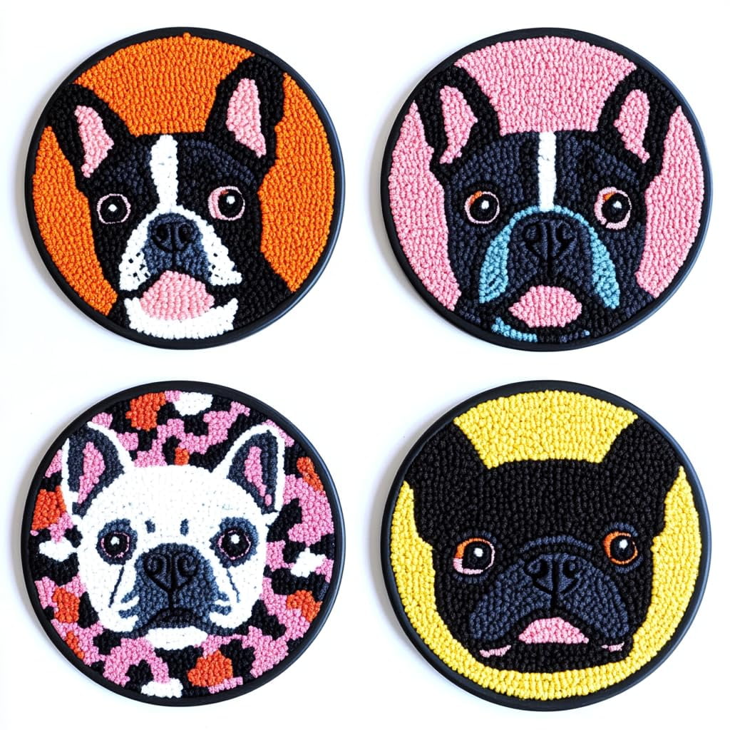 4 Set DIY Punch Needle Coaster Kits Cute Black French Bulldog Easy for Beginners with Adhesive Felt Hoop Punch Needle Embroidery Starter Set with Pattern for Drink Cups Mat Home Decor-3