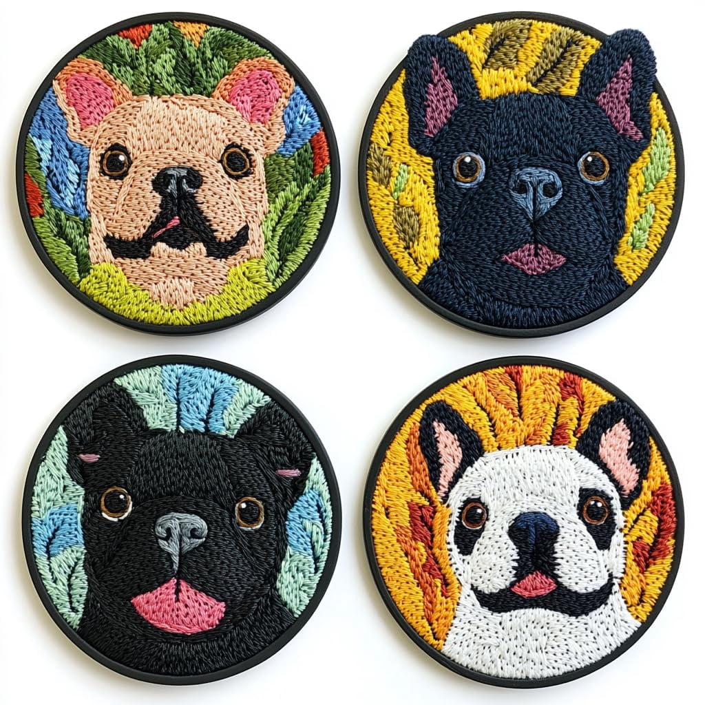 4 Set DIY Punch Needle Coaster Kits Cute Black French Bulldog Easy for Beginners with Adhesive Felt Hoop Punch Needle Embroidery Starter Set with Pattern for Drink Cups Mat Home Decor-1