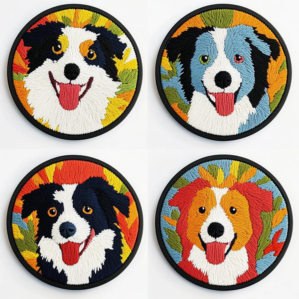 4 Set DIY Punch Needle Coaster Kits Cute Border Collie Easy for Beginners with Adhesive Felt Hoop Punch Needle Embroidery Starter Set with Pattern for Drink Cups Mat Home Decor-1