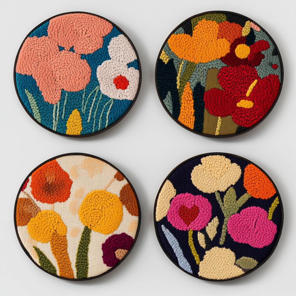 4 Set DIY Punch Needle Coaster Kits Cute Cherry Flower Easy for Beginners with Adhesive Felt Hoop Punch Needle Embroidery Starter Set with Pattern for Drink Cups Mat Home Decor-1