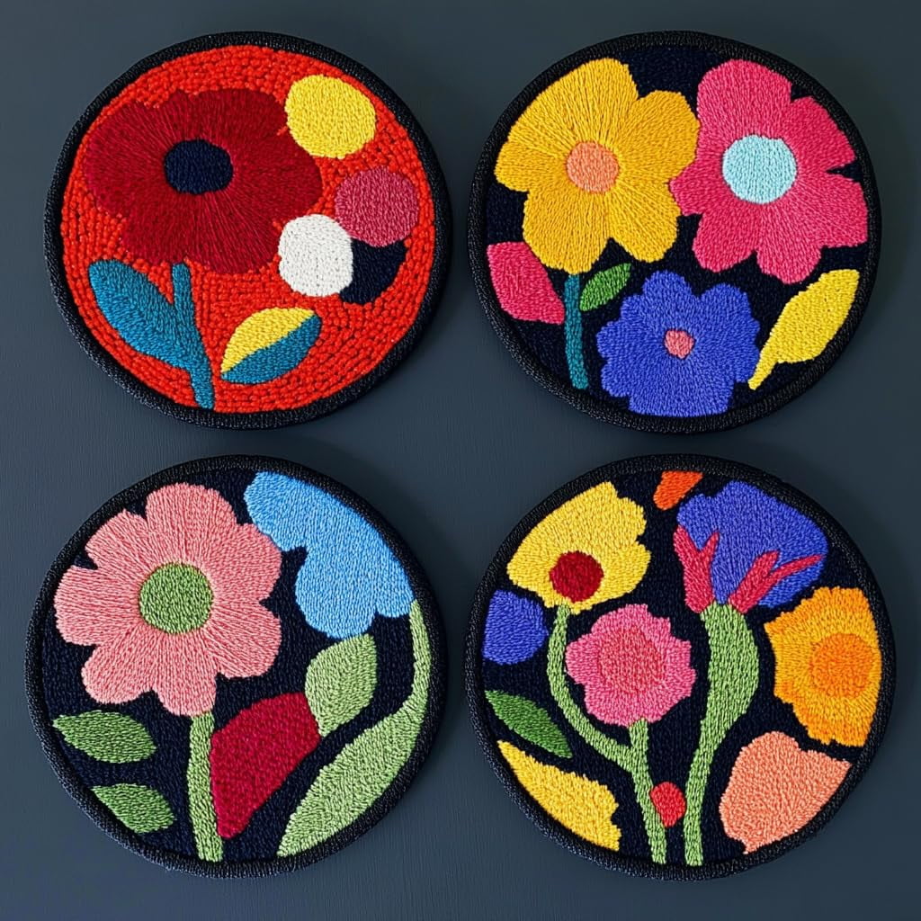 4 Set DIY Punch Needle Coaster Kits Cute Cherry Flower Easy for Beginners with Adhesive Felt Hoop Punch Needle Embroidery Starter Set with Pattern for Drink Cups Mat Home Decor-3