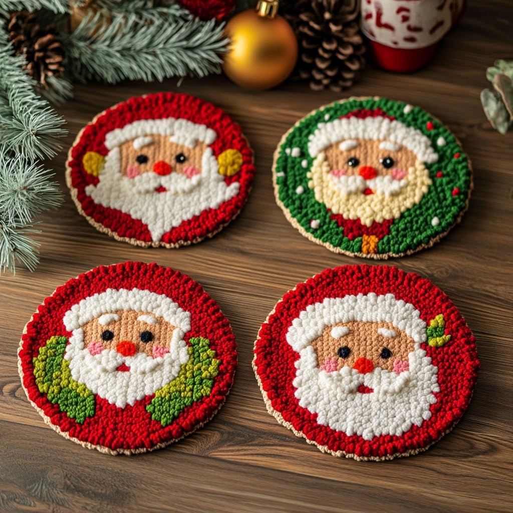 4 Set DIY Punch Needle Coaster Kits Cute Chritmas Santa Easy for Beginners with Adhesive Felt Hoop Punch Needle Embroidery Starter Set with Pattern for Drink Cups Mat Home Decor