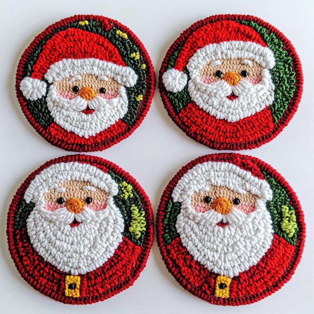 4 Set DIY Punch Needle Coaster Kits Cute Chritmas Santa Easy for Beginners with Adhesive Felt Hoop Punch Needle Embroidery Starter Set with Pattern for Drink Cups Mat Home Decor-4