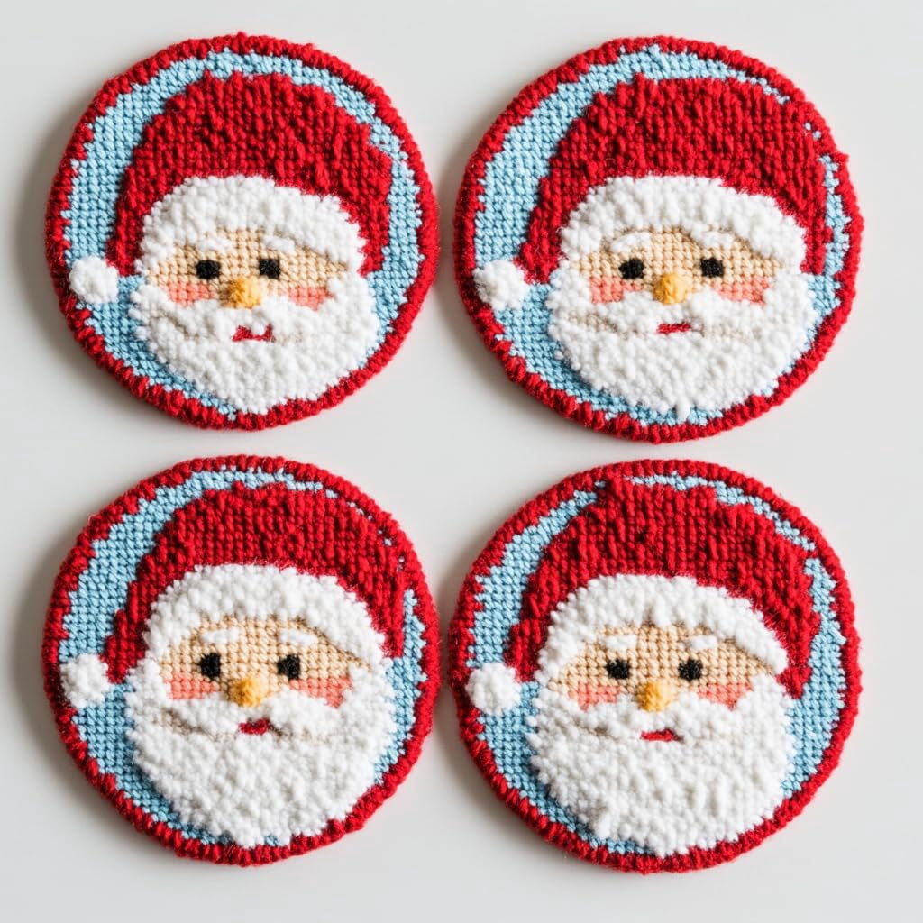4 Set DIY Punch Needle Coaster Kits Cute Chritmas Santa Easy for Beginners with Adhesive Felt Hoop Punch Needle Embroidery Starter Set with Pattern for Drink Cups Mat Home Decor-1