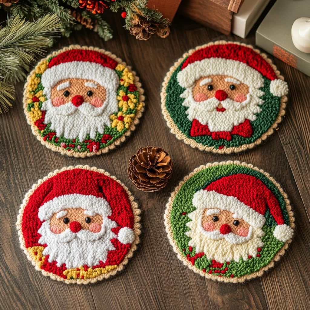 4 Set DIY Punch Needle Coaster Kits Cute Chritmas Santa Easy for Beginners with Adhesive Felt Hoop Punch Needle Embroidery Starter Set with Pattern for Drink Cups Mat Home Decor-3