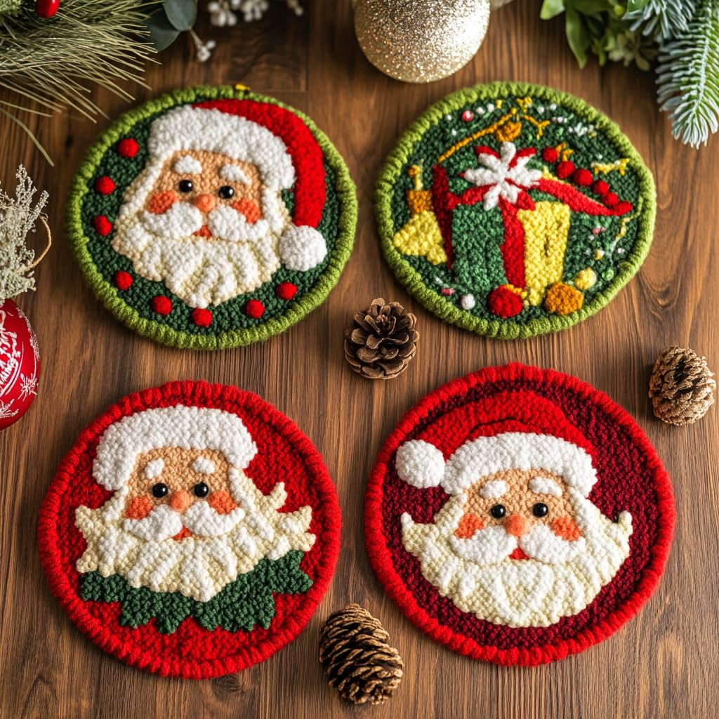 4 Set DIY Punch Needle Coaster Kits Cute Chritmas Santa Easy for Beginners with Adhesive Felt Hoop Punch Needle Embroidery Starter Set with Pattern for Drink Cups Mat Home Decor-6