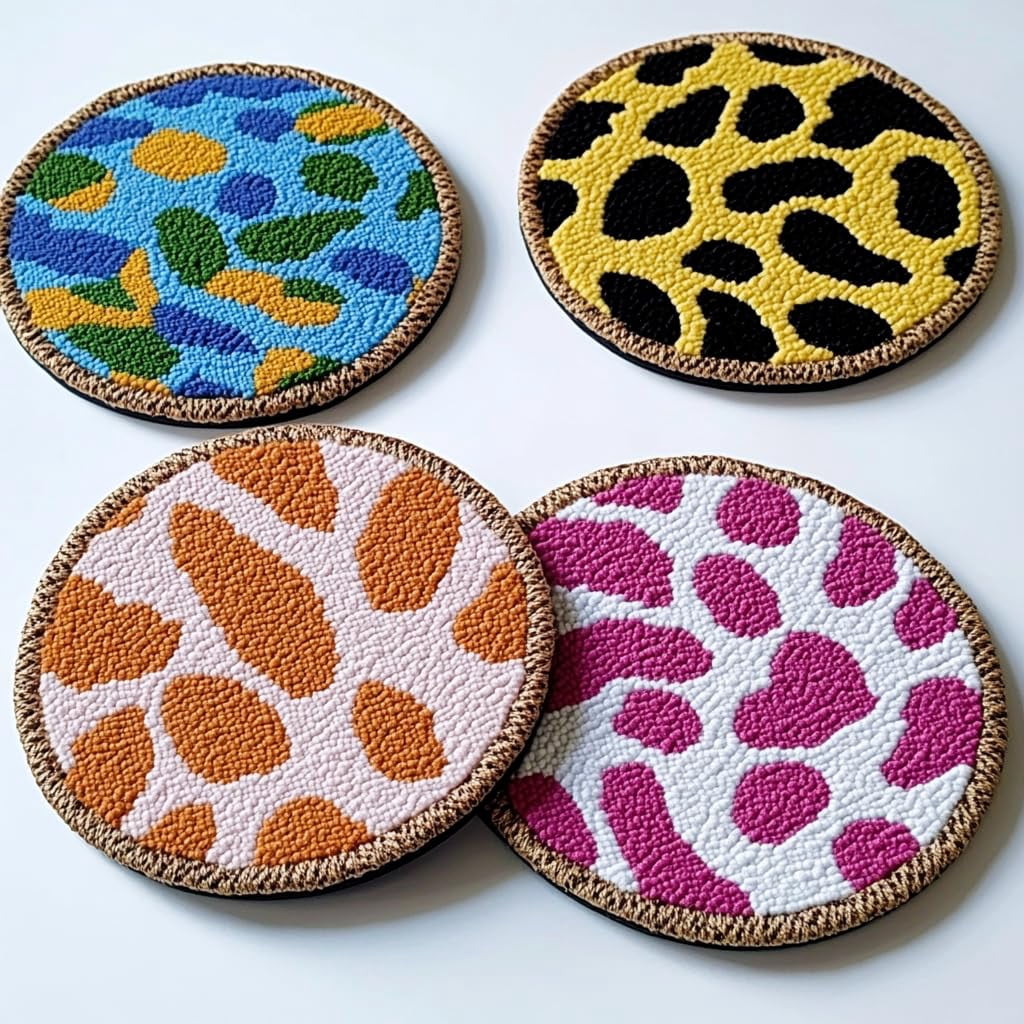 4 Set DIY Punch Needle Coaster Kits Cute Colorful Pattern Easy for Beginners with Adhesive Felt Hoop Punch Needle Embroidery Starter Set with Pattern for Drink Cups Mat Home Decor-1