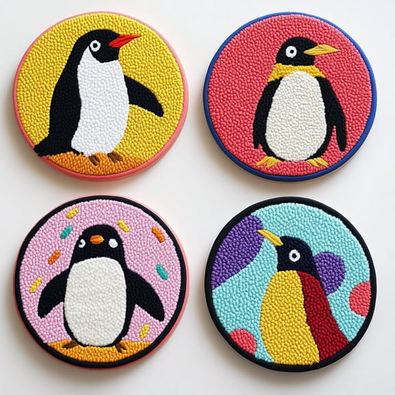 4 Set DIY Punch Needle Coaster Kits Cute Colorful Penguin Easy for Beginners with Adhesive Felt Hoop Punch Needle Embroidery Starter Set with Pattern for Drink Cups Mat Home Decor
