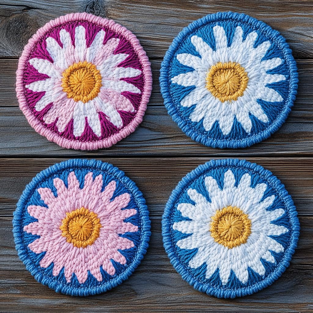 4 Set DIY Punch Needle Coaster Kits Cute Daisy Flower Easy for Beginners with Adhesive Felt Hoop Punch Needle Embroidery Starter Set with Pattern for Drink Cups Mat Home Decor-2