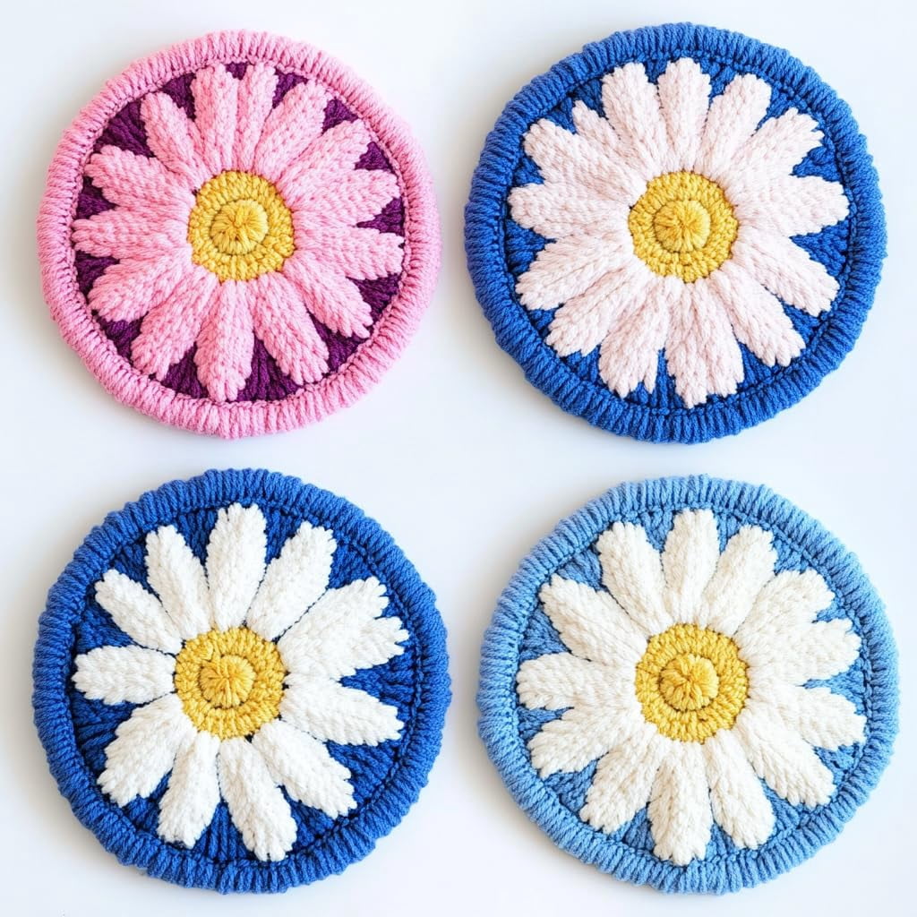 4 Set DIY Punch Needle Coaster Kits Cute Daisy Flower Easy for Beginners with Adhesive Felt Hoop Punch Needle Embroidery Starter Set with Pattern for Drink Cups Mat Home Decor-1