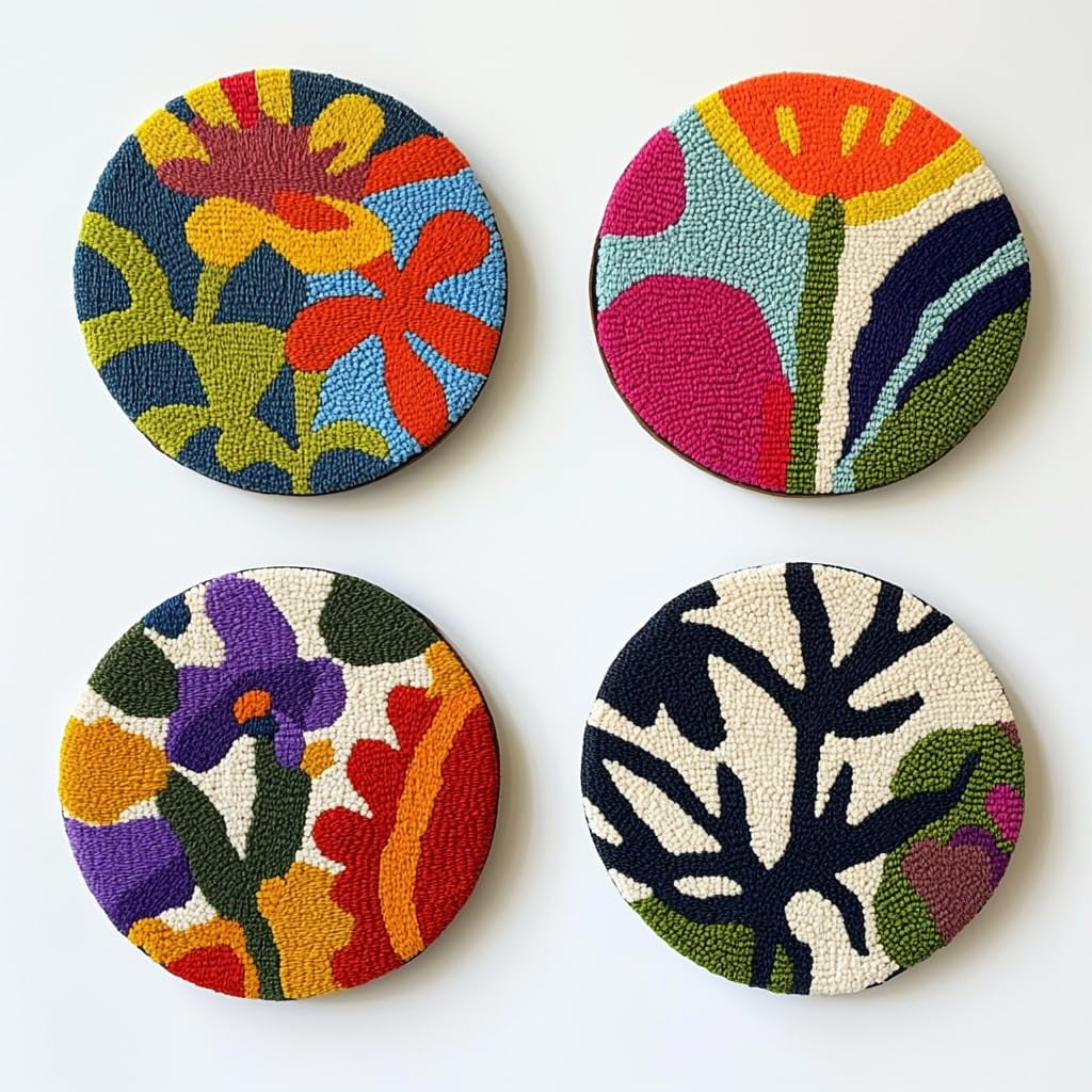 4 Set DIY Punch Needle Coaster Kits Cute Flowers Easy for Beginners with Adhesive Felt Hoop Punch Needle Embroidery Starter Set with Pattern for Drink Cups Mat Home Decor
