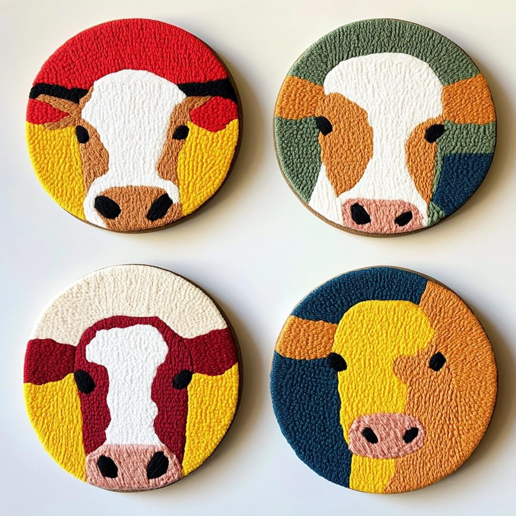 4 Set DIY Punch Needle Coaster Kits Cute Jersey Cow Easy for Beginners with Adhesive Felt Hoop Punch Needle Embroidery Starter Set with Pattern for Drink Cups Mat Home Decor-1