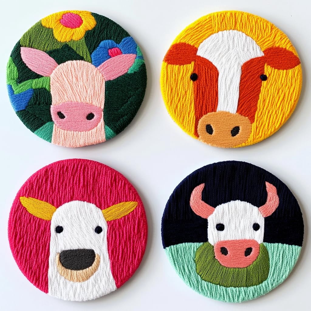 4 Set DIY Punch Needle Coaster Kits Cute Jersey Cow Easy for Beginners with Adhesive Felt Hoop Punch Needle Embroidery Starter Set with Pattern for Drink Cups Mat Home Decor-2