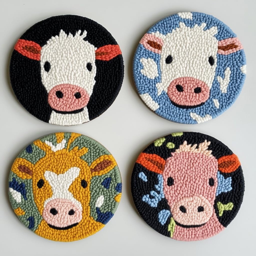 4 Set DIY Punch Needle Coaster Kits Cute Jersey Cow Easy for Beginners with Adhesive Felt Hoop Punch Needle Embroidery Starter Set with Pattern for Drink Cups Mat Home Decor-3
