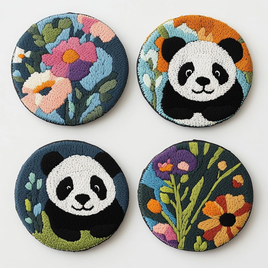 4 Set DIY Punch Needle Coaster Kits Cute Panda and Flower Easy for Beginners with Adhesive Felt Hoop Punch Needle Embroidery Starter Set with Pattern for Drink Cups Mat Home Decor