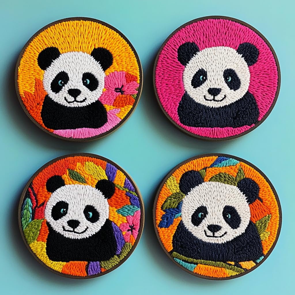 4 Set DIY Punch Needle Coaster Kits Cute Panda and Sunset Easy for Beginners with Adhesive Felt Hoop Punch Needle Embroidery Starter Set with Pattern for Drink Cups Mat Home Decor-2