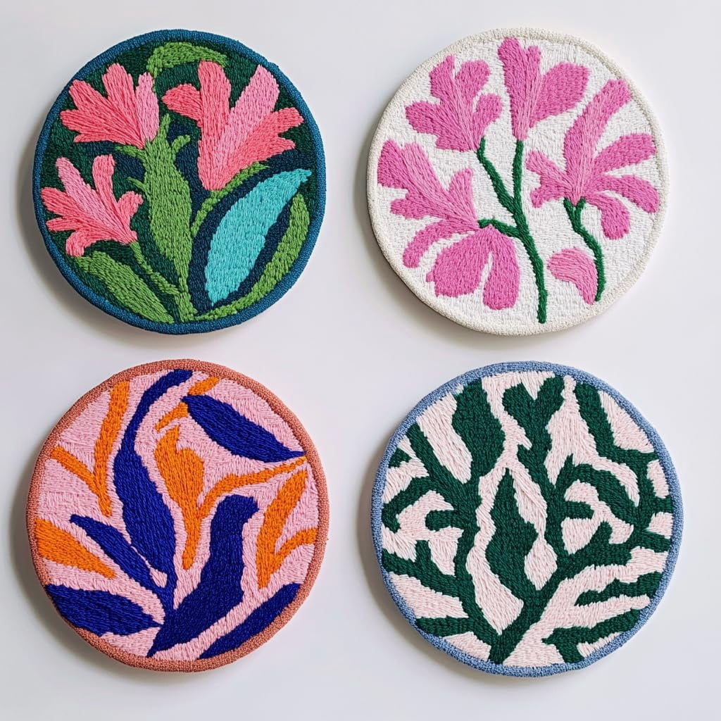 4 Set DIY Punch Needle Coaster Kits Lily Flowers Easy for Beginners with Adhesive Felt Hoop Punch Needle Embroidery Starter Set with Pattern for Drink Cups Mat Home Decor-18
