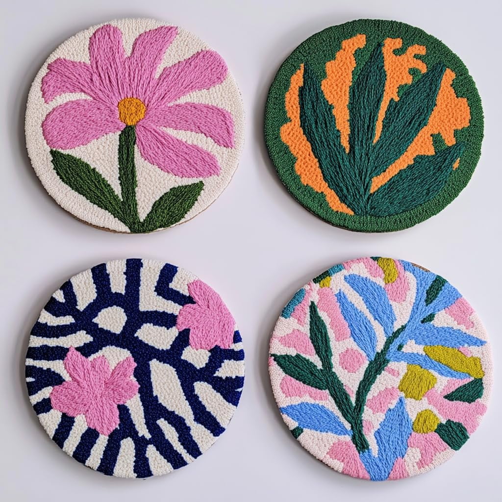 4 Set DIY Punch Needle Coaster Kits Lily Flowers Easy for Beginners with Adhesive Felt Hoop Punch Needle Embroidery Starter Set with Pattern for Drink Cups Mat Home Decor-28